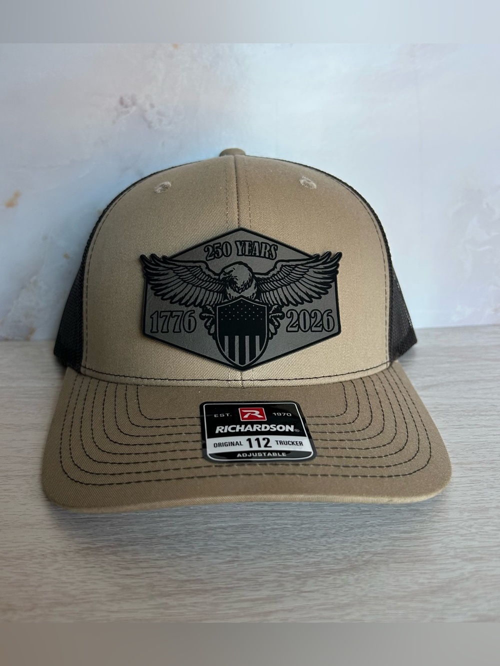 🇺🇸 Richardson 112 Trucker Hat 1776-2026 250 Years USA. Laser Engraved Patch.